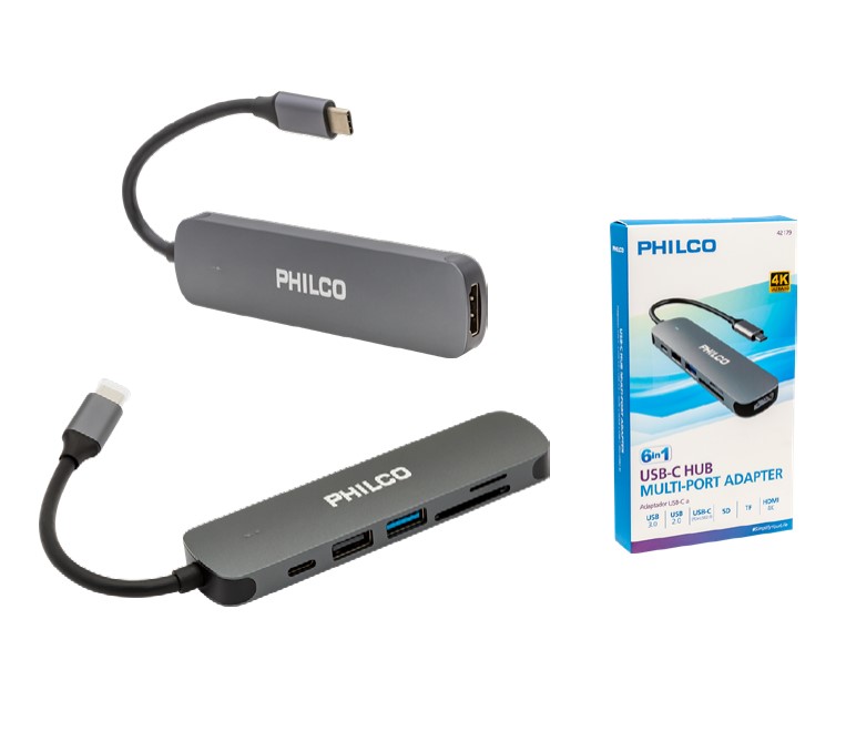 Adaptador HUB 6 en 1 USB-C Philco 29USB42179 color negro 